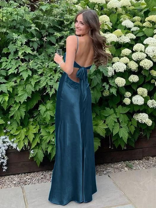 Peacock V-neck Beaded Satin A Line Prom Dress