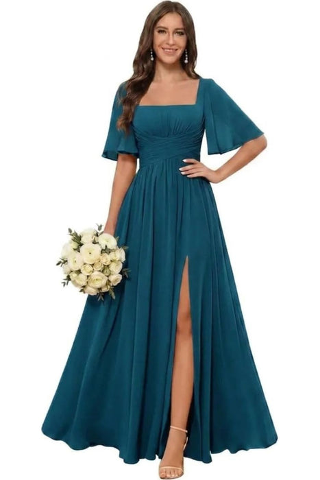 Square Neck Ruffle Sleeve Chiffon Bridesmaid Dress with Slit