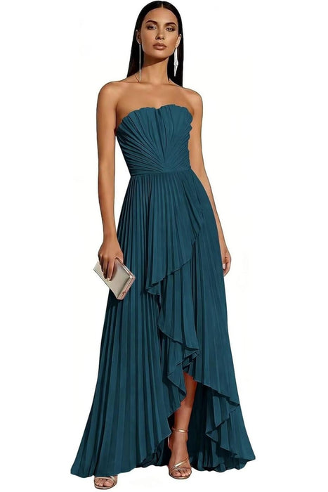 Strapless Pleated Chiffon High-Low Bridesmaid Dress