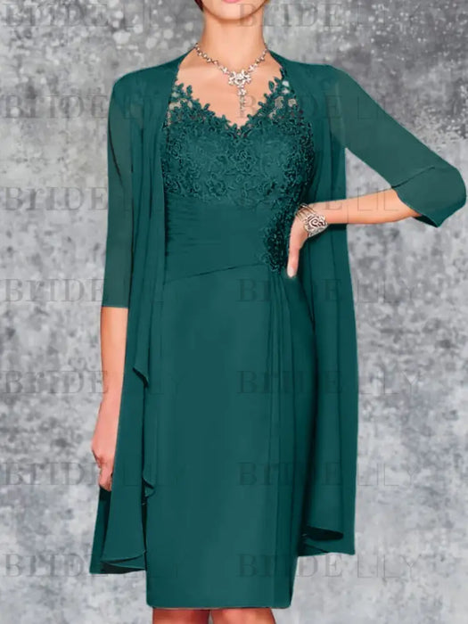 Peacock Knee-Length V-Neck Sheath/Column Mother of the Bride Dresses