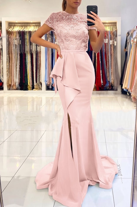 Pearl Pink Short Sleeve Lace Mermaid Prom Dress with Slit