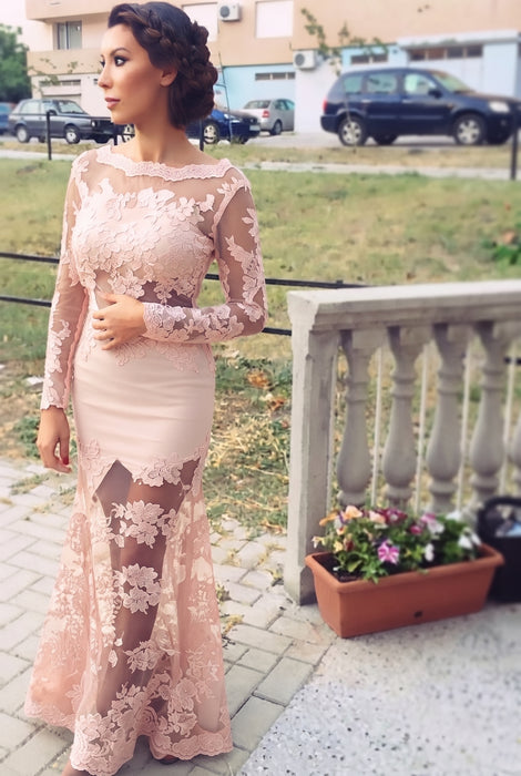 Pearl Pink Trumpet/Mermaid Bateau Long Sleeves Applique Lace Dresses - Prom Dresses