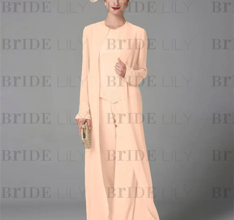 Long-Sleeve Chiffon Mother of the Bride Pantsuit with Jacket and Sequins