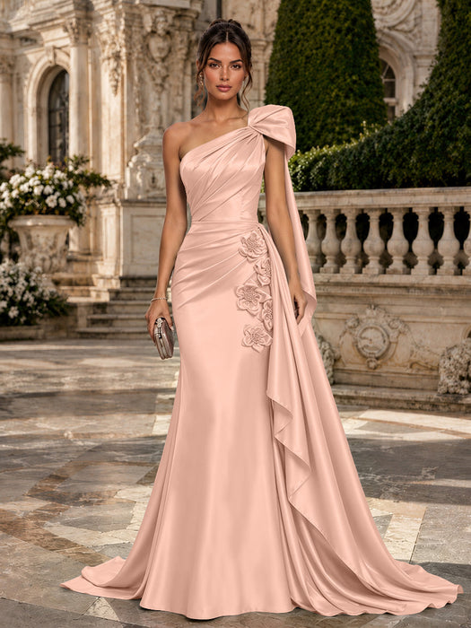 Pearl Pink One Shoulder Satin Mermaid Evening Dresses with 3D Flowers