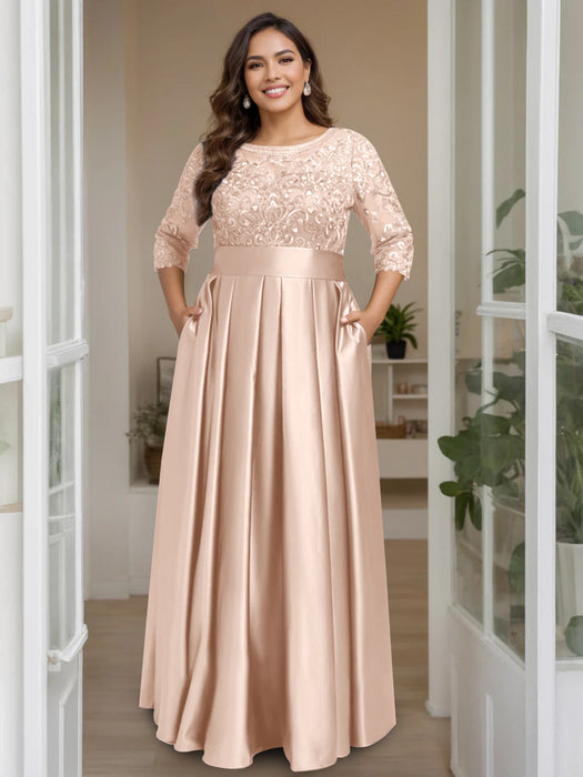 Pearl Pink Plus Size Floor-Length Mother of the Bride A-Line Dress with 3/4 Sleeves Scoop Neck Bow & Sequins