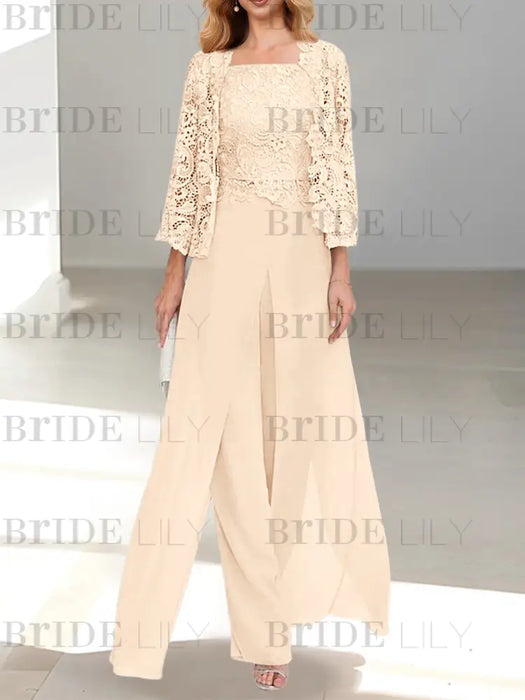 Floor-Length Square Neck Chiffon Mother of the Bride Pantsuit with Jacket & Side Split