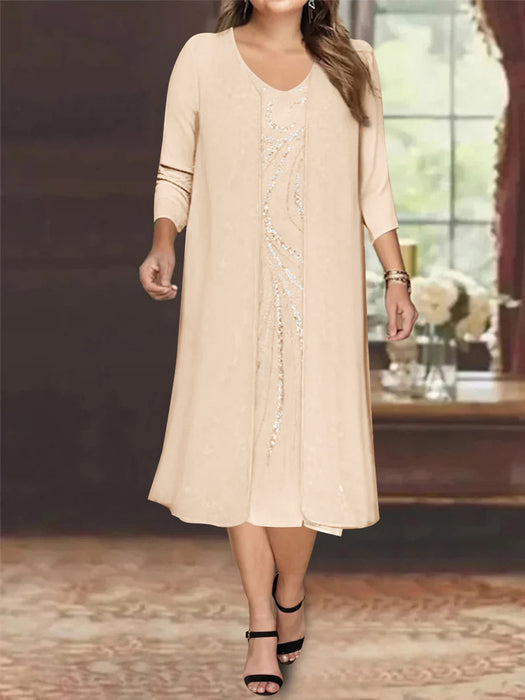 Pearl Pink V-Neck Long-Sleeve Tea-Length Plus Size Mother of the Bride Dress with Jacket and Sequins