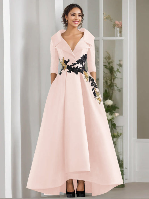 V-Neck A-Line Princess Floor-Length Mother of the Bride Dress with 3/4 Sleeves Appliques and Beading