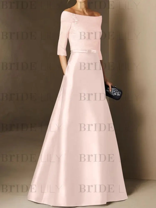 Short-Sleeve Off-the-Shoulder A-Line Mother of the Bride Dress with Belt Applique