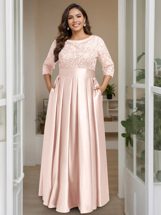 Petal Plus Size Floor-Length Mother of the Bride A-Line Dress with 3/4 Sleeves Scoop Neck Bow & Sequins