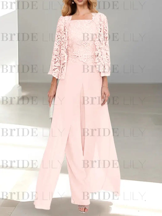 Floor-Length Square Neck Chiffon Mother of the Bride Pantsuit with Jacket & Side Split