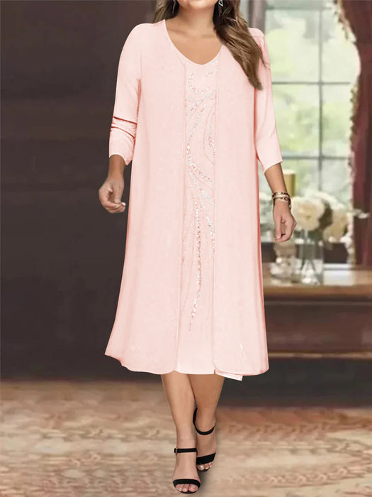 Petal V-Neck Long-Sleeve Tea-Length Plus Size Mother of the Bride Dress with Jacket and Sequins