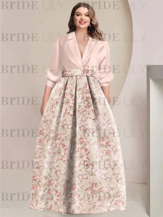 Pink Plus Size Flower A-Line Satin Mother of the Bride Dresses V-Neck with 3/4 Sleeves 