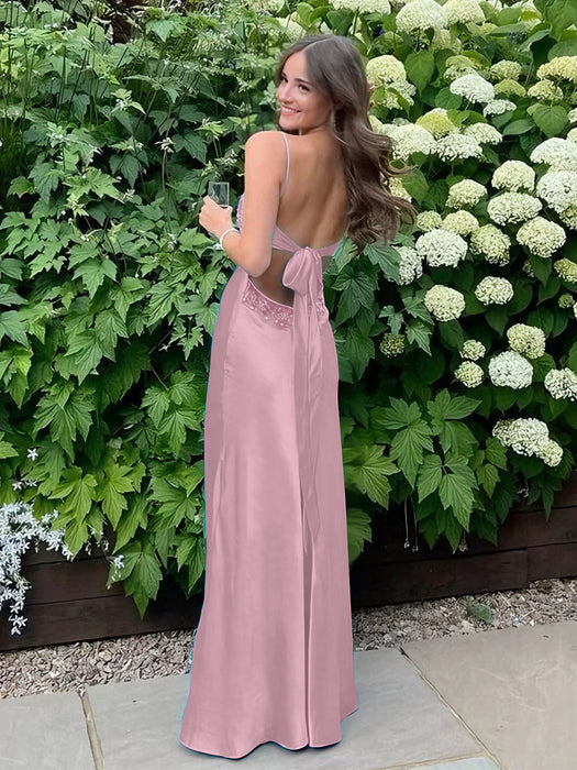 Pink V-neck Beaded Satin A Line Prom Dress