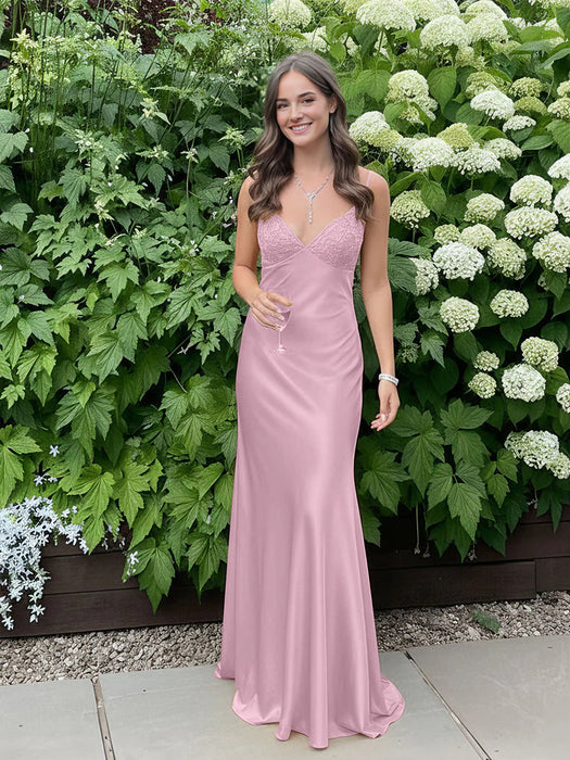 Pink V-neck Beaded Satin A Line Prom Dress
