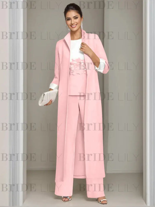 Ankle-Length Mother of the Bride Pantsuits in 3 Pieces Featuring Square Neck Jacket & Lace Appliques