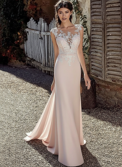 Simple Wedding Dress Pink Chiffon Illusion Neckline Sleeveless Court Train Applique Sheath Bridal Gowns