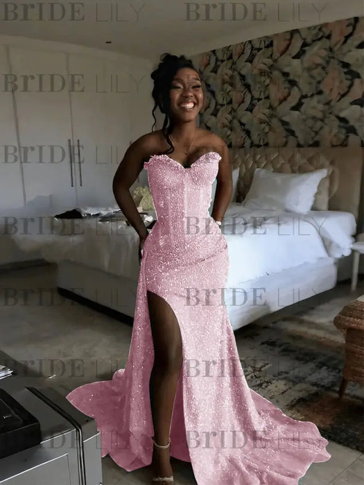 Pink Sparkly Strapless Mermaid Sequined Prom Dress with Slit
