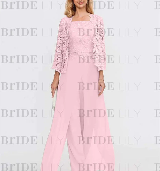 Floor-Length Square Neck Chiffon Mother of the Bride Pantsuit with Jacket & Side Split