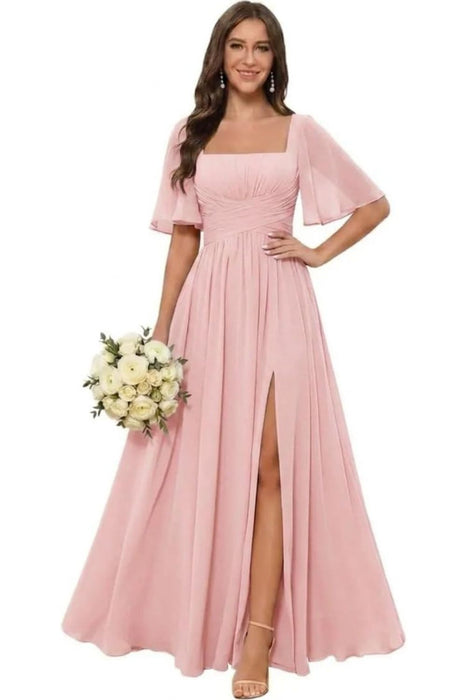 Square Neck Ruffle Sleeve Chiffon Bridesmaid Dress with Slit