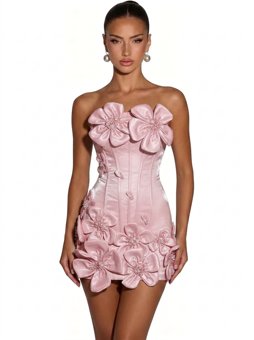 3D Floral Corset Strapless Mini Homecoming Dress with Crystal