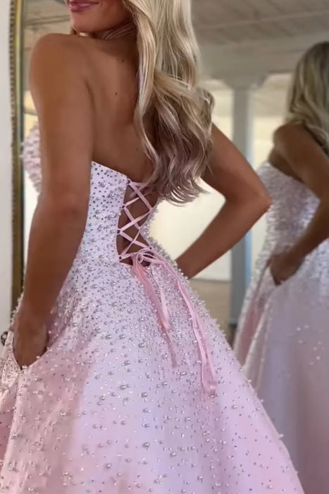 Strapless Satin Prom Dress A-Line Evening Dress with Beadings