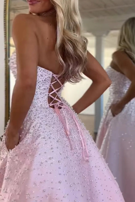 Strapless Satin Prom Dress A-Line Evening Dress with Beadings