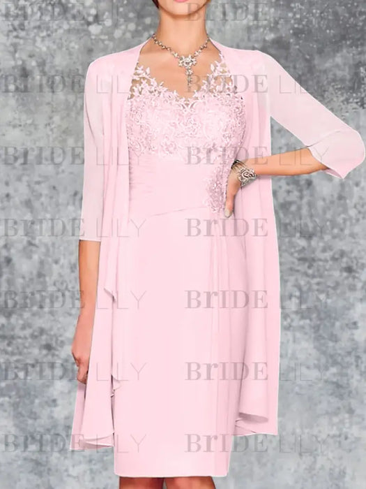 Pink Knee-Length V-Neck Sheath/Column Mother of the Bride Dresses