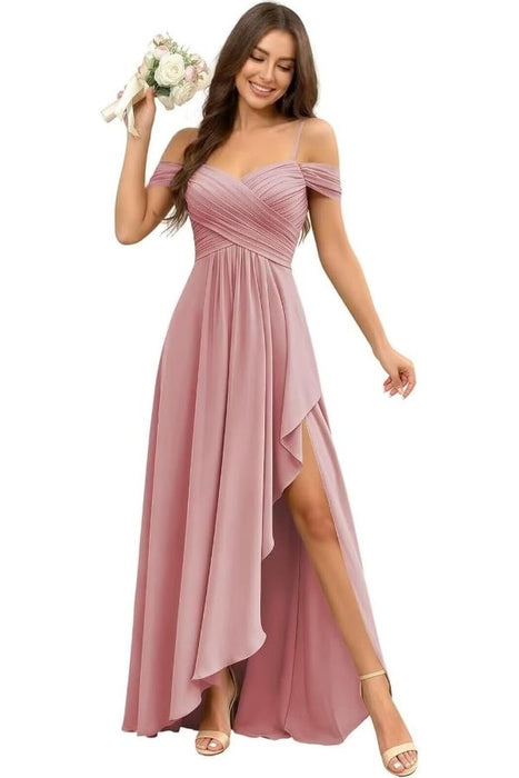 Pleated Corset Off-the-Shoulder Chiffon Bridesmaid Dress