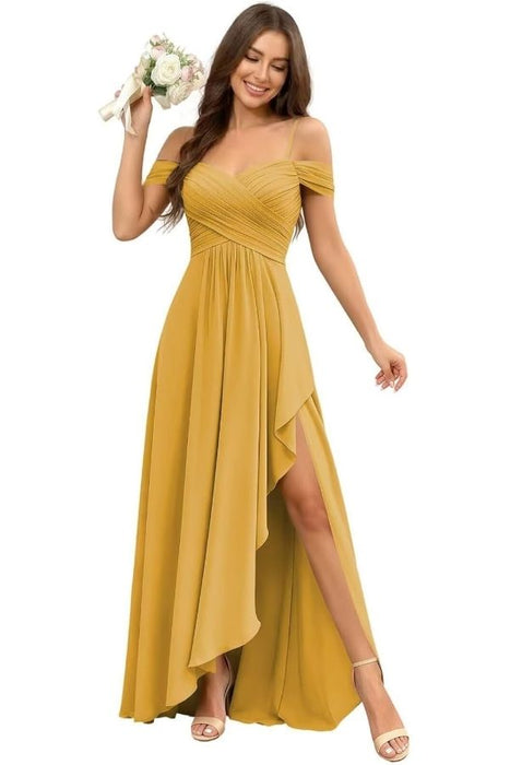 Pleated Corset Off-the-Shoulder Chiffon Bridesmaid Dress