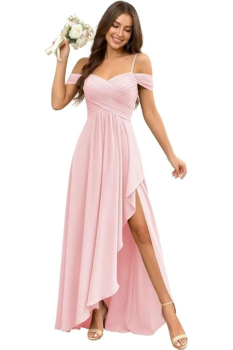 Pleated Corset Off-the-Shoulder Chiffon Bridesmaid Dress
