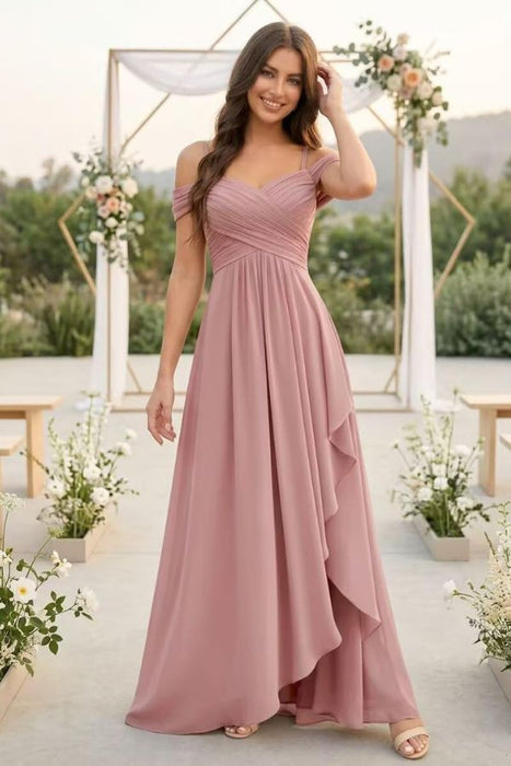 Pleated Corset Off-the-Shoulder Chiffon Bridesmaid Dress