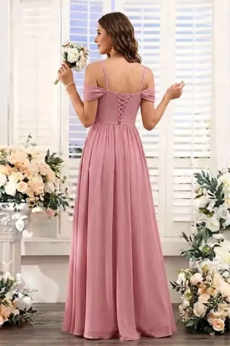 Pleated Corset Off-the-Shoulder Chiffon Bridesmaid Dress