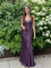 Plum V-neck Beaded Satin A Line Prom Dress