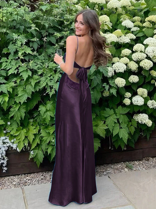 Plum V-neck Beaded Satin A Line Prom Dress