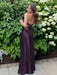Plum V-neck Beaded Satin A Line Prom Dress
