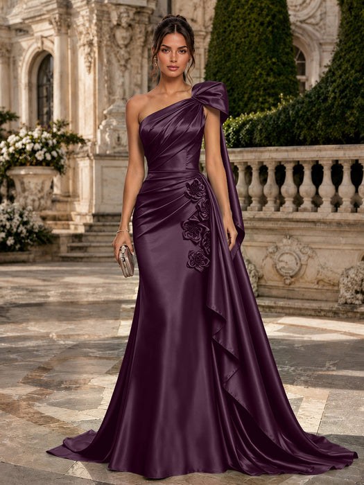 Plum One Shoulder Satin Mermaid Evening Dresses with 3D Flowers