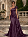 Plum One Shoulder Satin Mermaid Evening Dresses with 3D Flowers