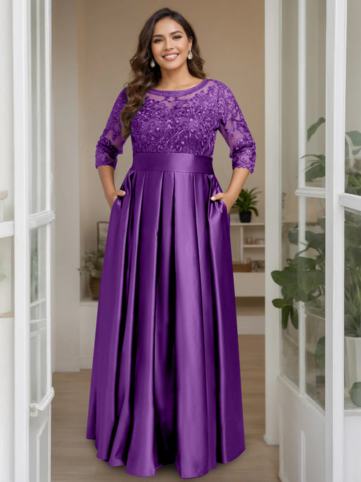 Plum Plus Size Floor-Length Mother of the Bride A-Line Dress with 3/4 Sleeves Scoop Neck Bow & Sequins