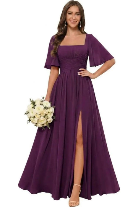 Square Neck Ruffle Sleeve Chiffon Bridesmaid Dress with Slit