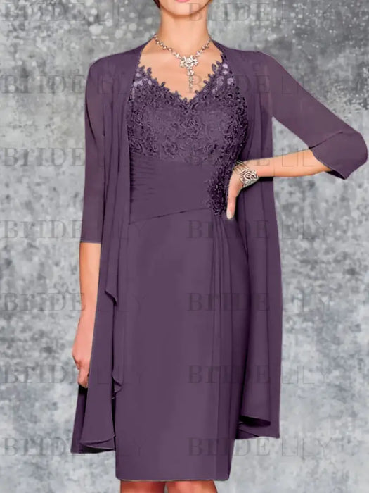 Plum Knee-Length V-Neck Sheath/Column Mother of the Bride Dresses