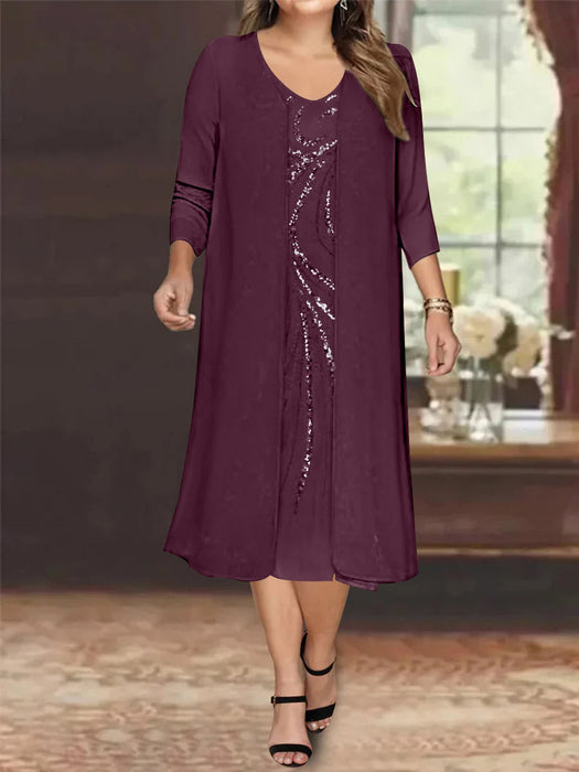 Plum V-Neck Long-Sleeve Tea-Length Plus Size Mother of the Bride Dress with Jacket and Sequins