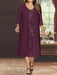 Plum V-Neck Long-Sleeve Tea-Length Plus Size Mother of the Bride Dress with Jacket and Sequins