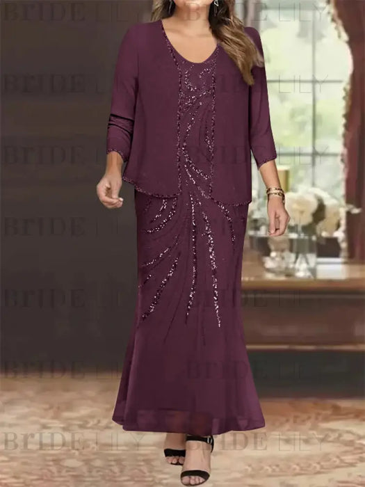 Plus Size V-Neck Ankle-Length Sheath/Column Mother of the Bride Dresses with Sequins & Jacket