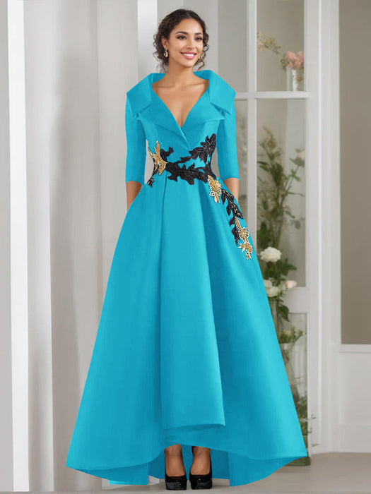 V-Neck A-Line Princess Floor-Length Mother of the Bride Dress with 3/4 Sleeves Appliques and Beading