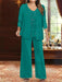 Plus Size 3-Piece Mother of the Bride Chiffon Pantsuit with V-Neck Floor-Length Jacket & Sequins