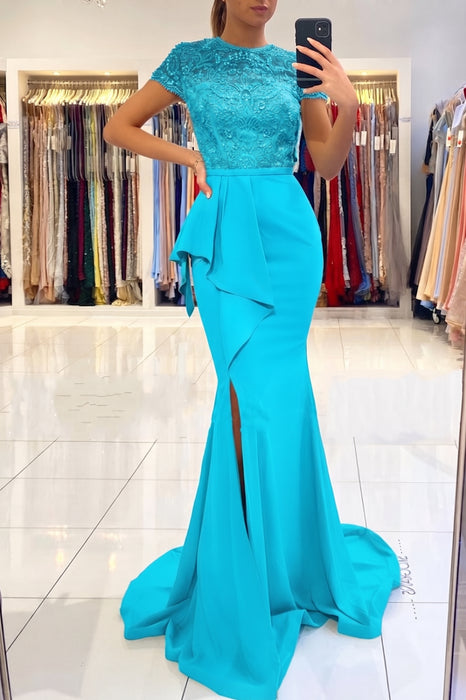 Pool Short Sleeve Lace Mermaid Prom Dress with Slit