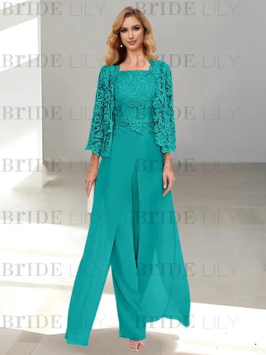 Floor-Length Square Neck Chiffon Mother of the Bride Pantsuit with Jacket & Side Split