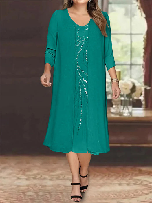 Pool V-Neck Long-Sleeve Tea-Length Plus Size Mother of the Bride Dress with Jacket and Sequins