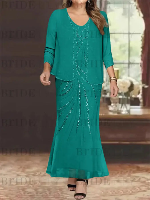 Plus Size V-Neck Ankle-Length Sheath/Column Mother of the Bride Dresses with Sequins & Jacket